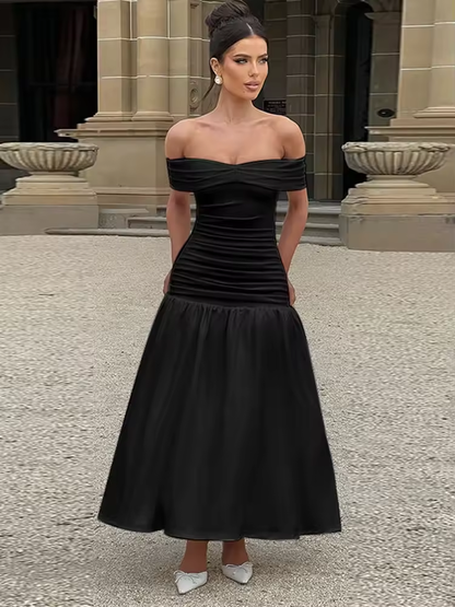 Sexy Slim Ruched One-Shoulder Dress For Women Elegant Club Party Long Dresses Sleeveless High Waist A-Line Dress Fashion