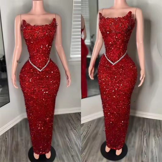Glitter Strapless Red Sequins Long Prom Dresses Women 2025 Sexy Beaded Evening Party Dresses Vestidos Mermaid Formal Dress
