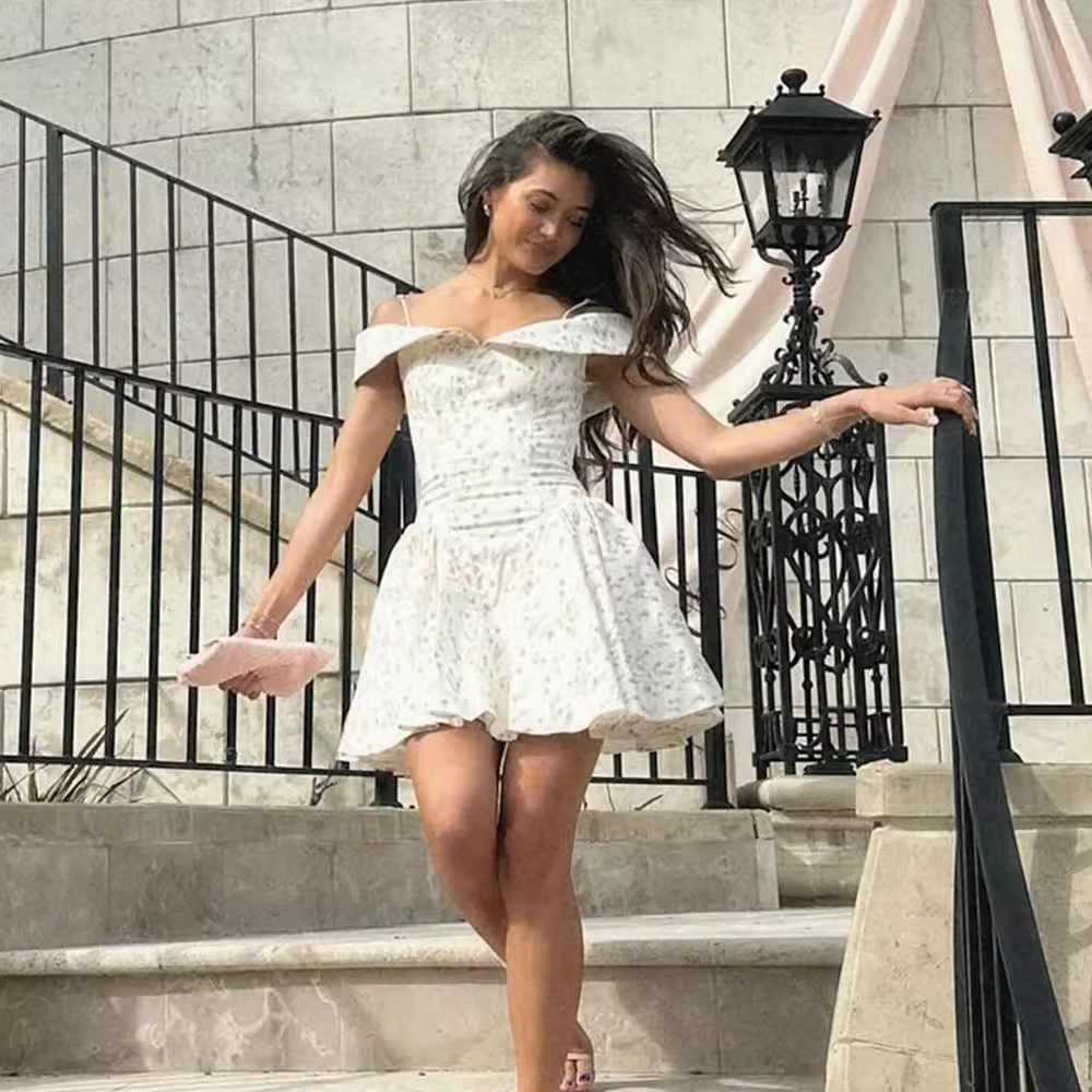 Fashion Summer Dresses Floral Print Party Dresses Off The Shoulder Holiday Dress Elegant A Line Women Clothing