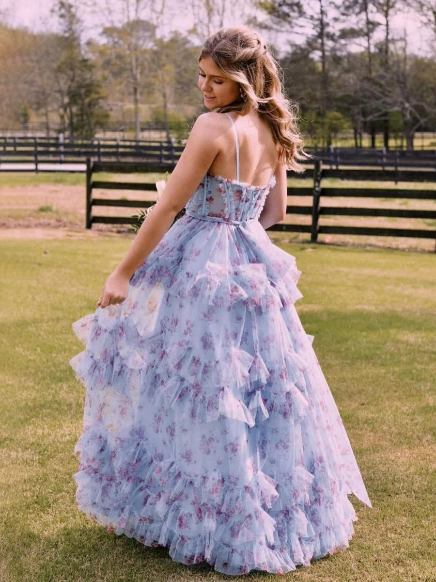 A-Line Blue Floral Corset Tulle Ruffles Long Prom Dresses