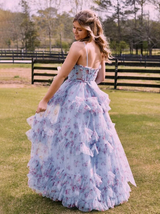 A-Line Blue Floral Corset Tulle Ruffles Long Prom Dresses