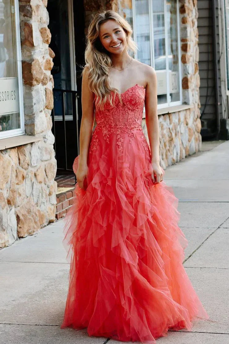 A-Line Coral Tulle Strapless Layered Prom Dress with Appliques