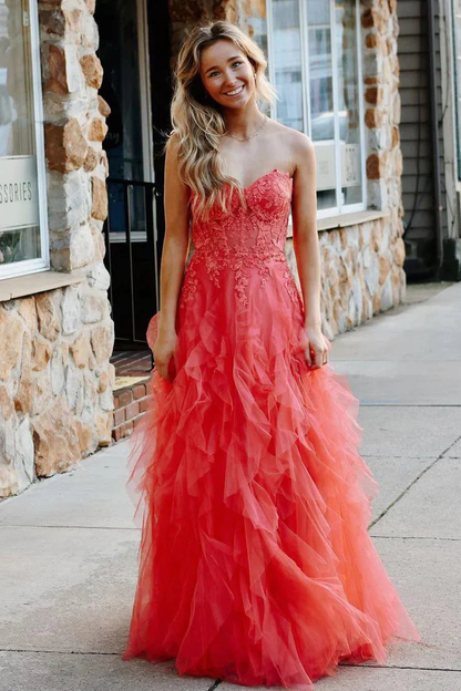 A-Line Coral Tulle Strapless Layered Prom Dress with Appliques