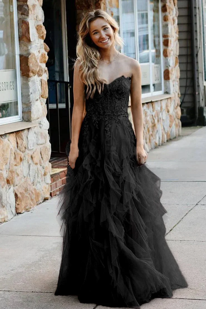 A-Line Coral Tulle Strapless Layered Prom Dress with Appliques