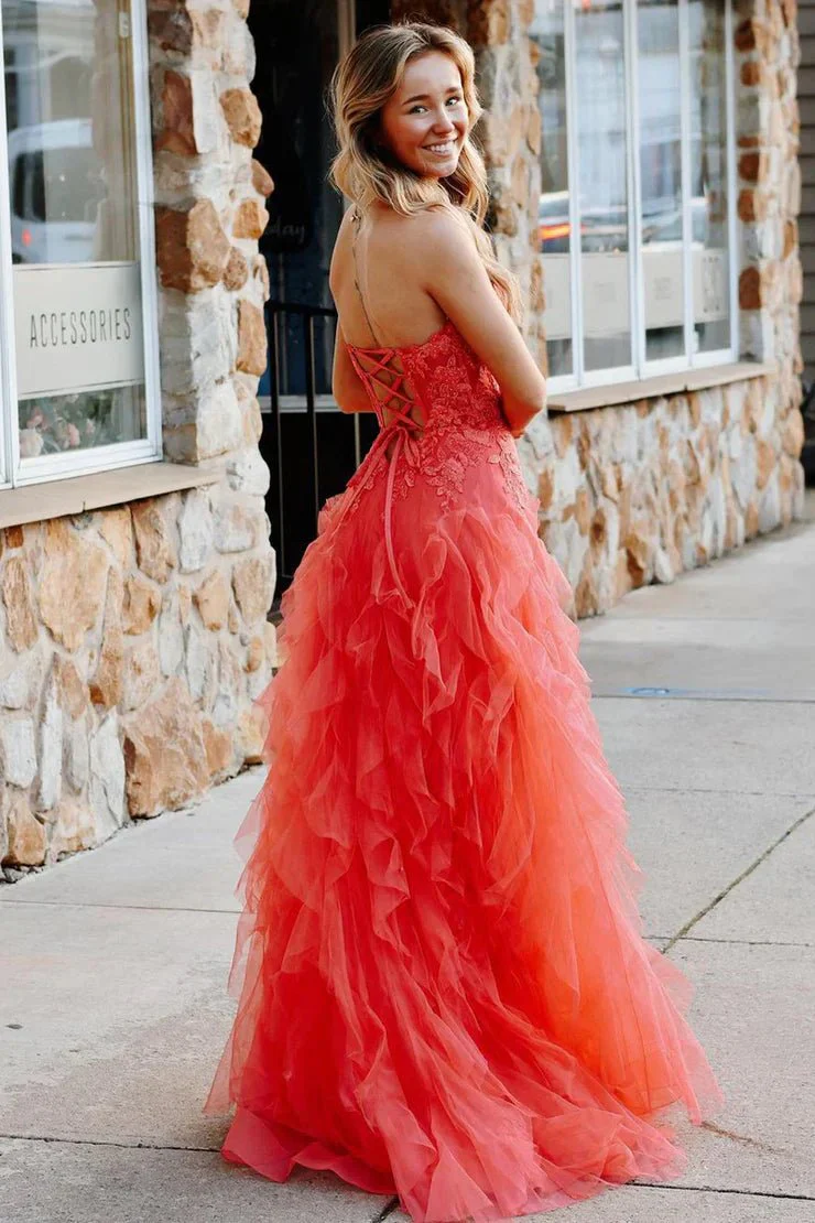 A-Line Coral Tulle Strapless Layered Prom Dress with Appliques