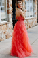 A-Line Coral Tulle Strapless Layered Prom Dress with Appliques
