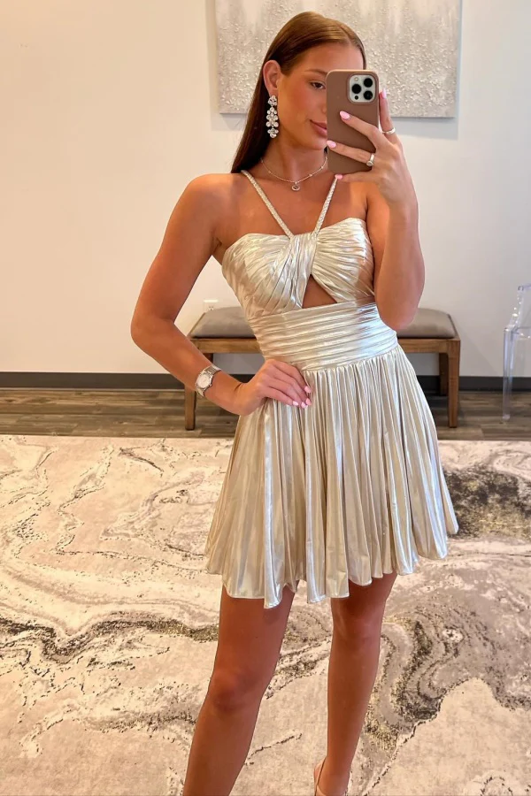 A-Line Halter Pleated Backless Metallic Satin Homecoming Dress