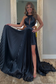 A-Line Halter Sleeveless Pleated Open Back High Side Slit and Train Prom Dress Evening Gown Formal Party Dress
