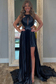 A-Line Halter Sleeveless Pleated Open Back High Side Slit and Train Prom Dress Evening Gown Formal Party Dress
