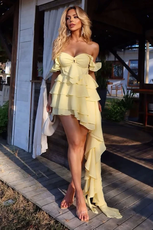 A-Line Off Shoulder Chiffon Tiered Homecoming Dress with Train