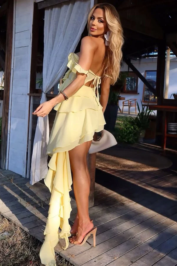 A-Line Off Shoulder Chiffon Tiered Homecoming Dress with Train