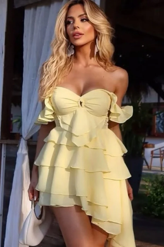 A-Line Off Shoulder Chiffon Tiered Homecoming Dress with Train