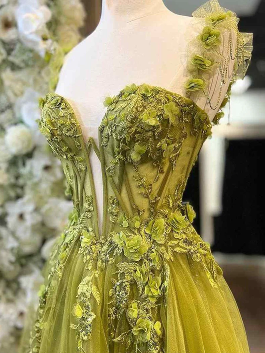 A-Line Sage Sweetheart Tulle Long Prom Dresses with Lace Appliques