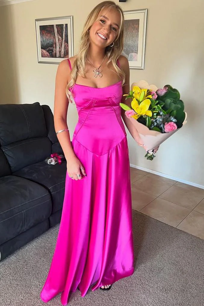 A-Line Square Neck Spaghetti Straps Sleeveless Lilac Satin Floor Length Prom Dress