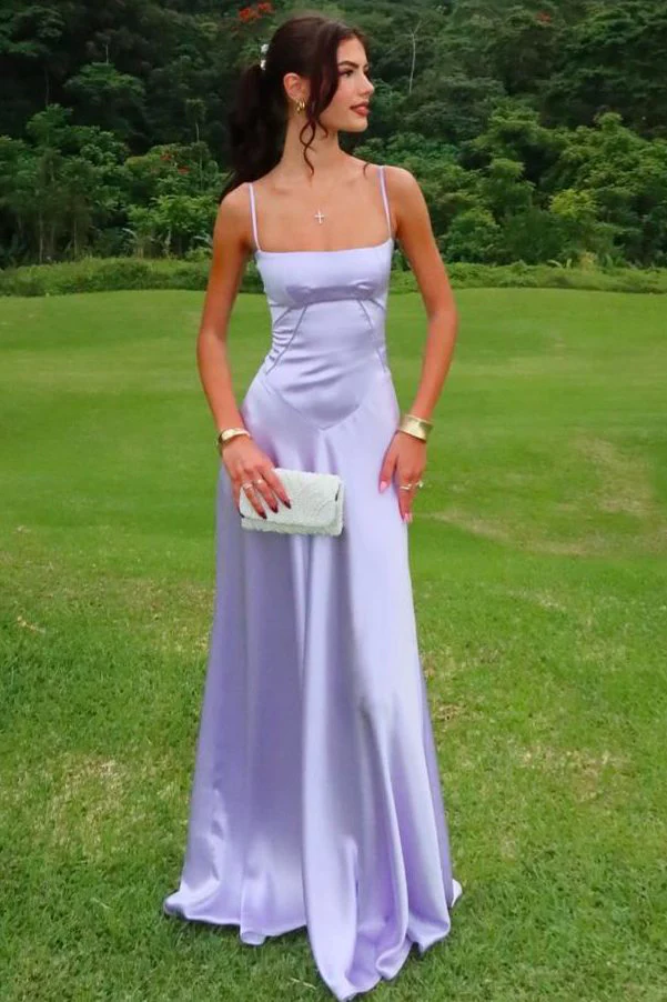 A-Line Square Neck Spaghetti Straps Sleeveless Lilac Satin Floor Length Prom Dress