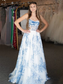 A-Line Strapless Blue Floral Print Long Prom Dresses