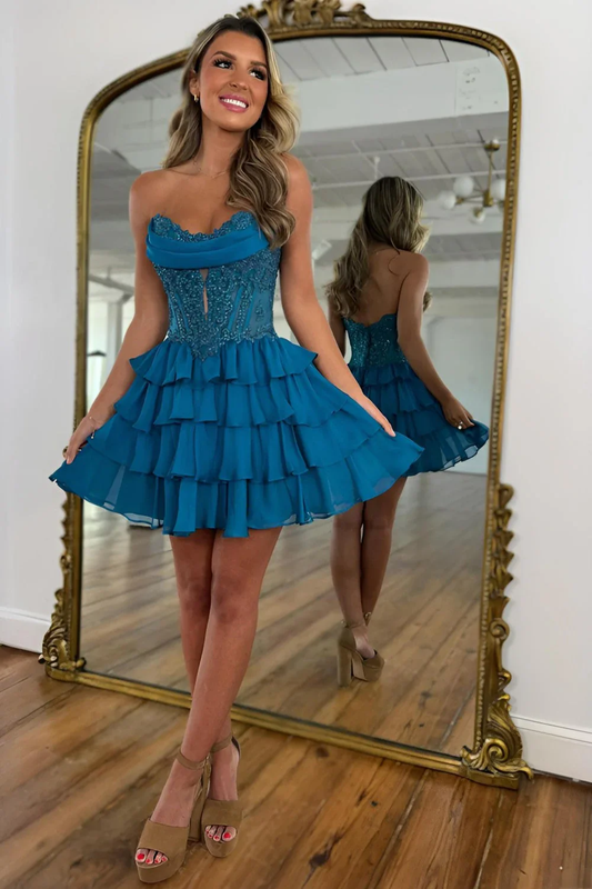 A-Line Strapless Peacock Blue Ruffle Tiered Chiffon Short Homecoming Dresses with Appliques