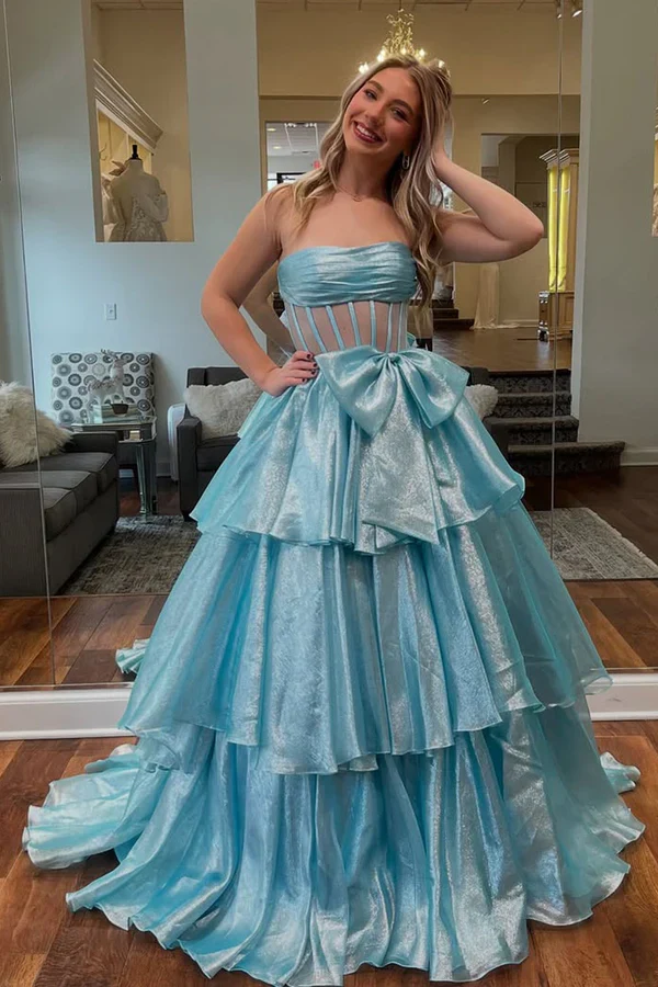 A-Line Strapless Sleeveles Pleated Bow Knot Tiered Prom Gown