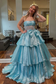 A-Line Strapless Sleeveles Pleated Bow Knot Tiered Prom Gown