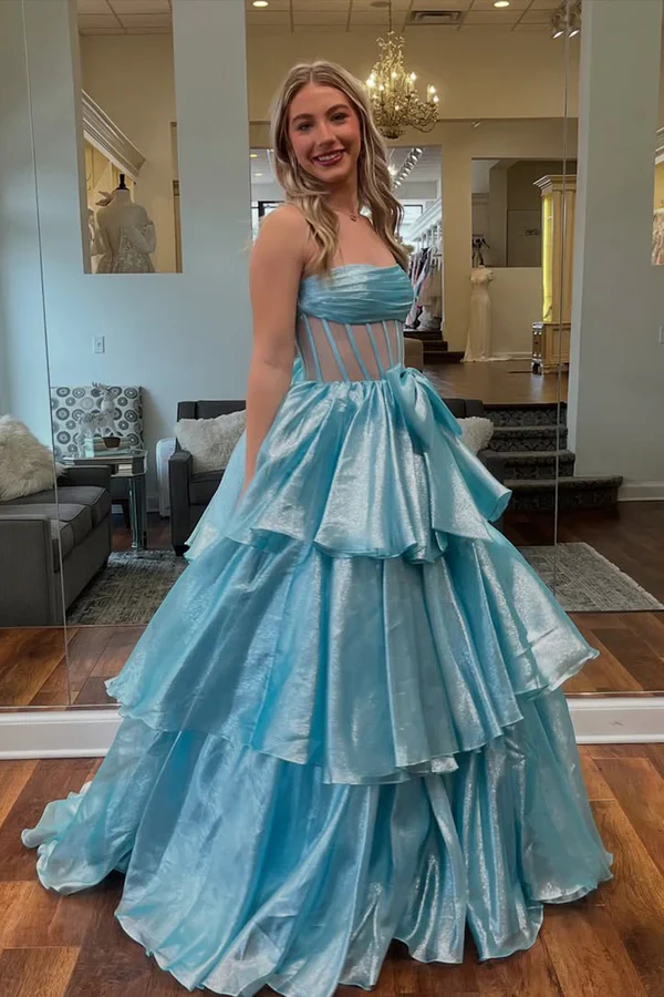 A-Line Strapless Sleeveles Pleated Bow Knot Tiered Prom Gown