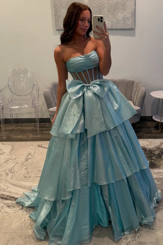 A-Line Strapless Sleeveles Pleated Bow Knot Tiered Prom Gown