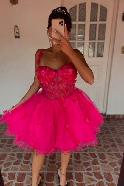 A-Line Strapless Spaghetti Straps 3D Butterfy Appliques Ruffles Homecoming Dress