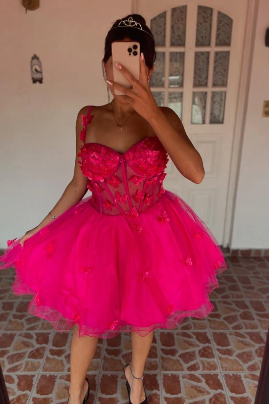 A-Line Strapless Spaghetti Straps 3D Butterfy Appliques Ruffles Homecoming Dress