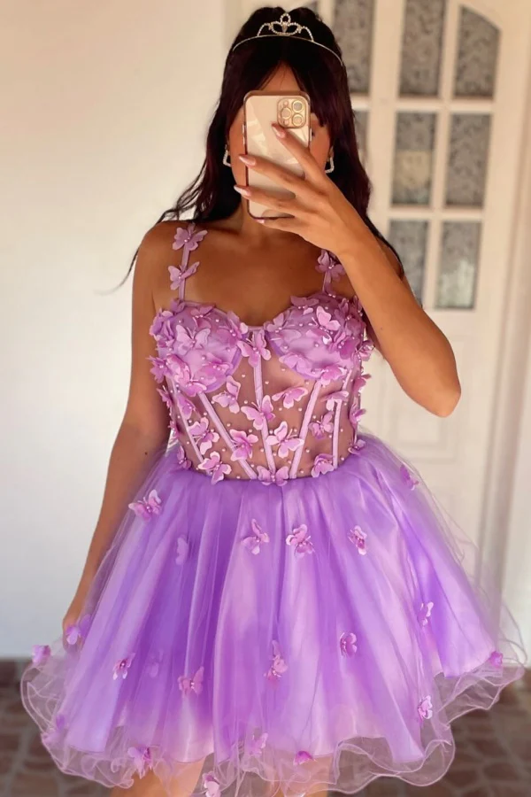 A-Line Strapless Spaghetti Straps 3D Butterfy Appliques Ruffles Homecoming Dress