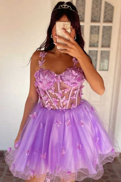 A-Line Strapless Spaghetti Straps 3D Butterfy Appliques Ruffles Homecoming Dress