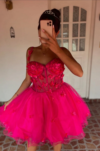 A-Line Strapless Spaghetti Straps 3D Butterfy Appliques Ruffles Homecoming Dress