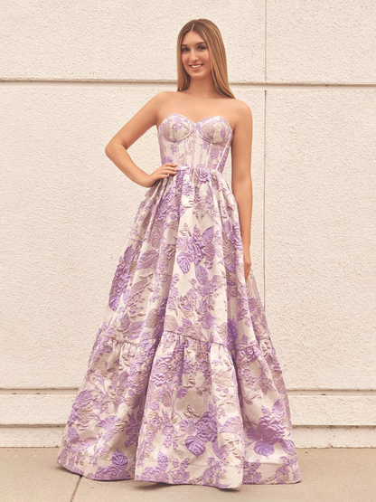 A-Line Sweetheart Floral Printed Long Prom Dresses