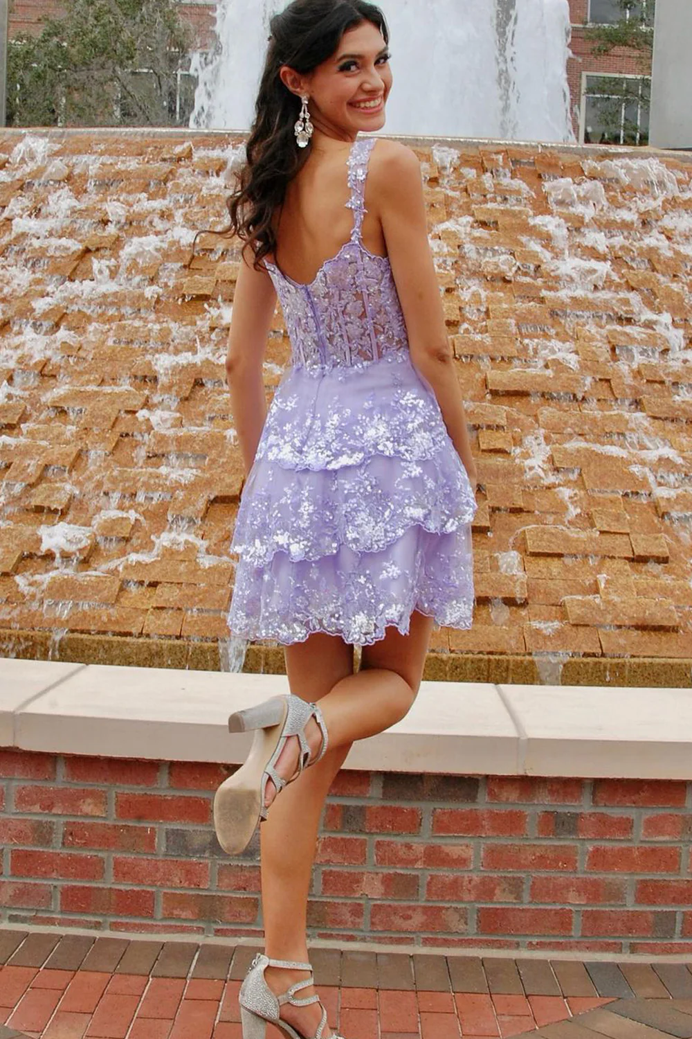 A-Line Sweetheart Lavender Sequin Lace Ruffle Short Homecoming Dresses