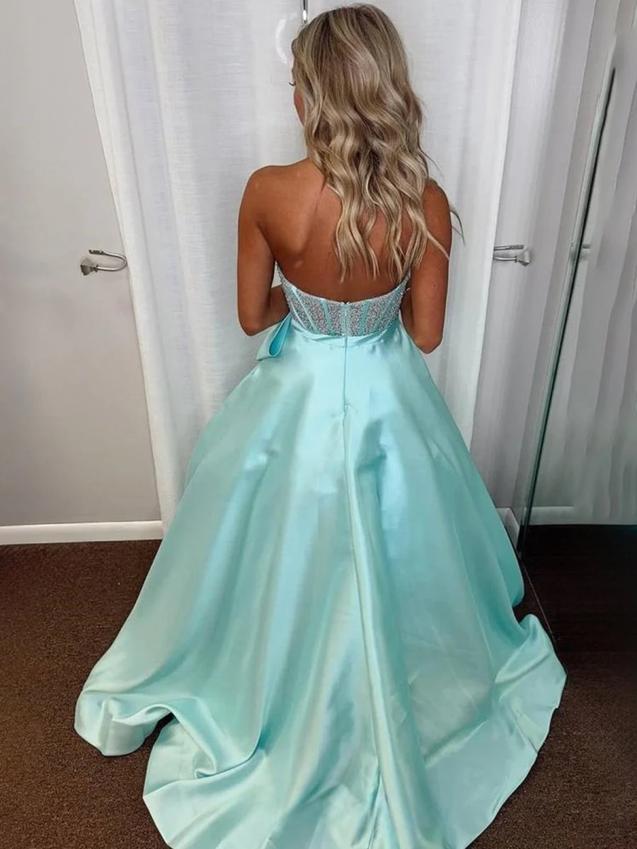 A-Line Sweetheart Lilac Beaded Long Prom Dresses With Bow