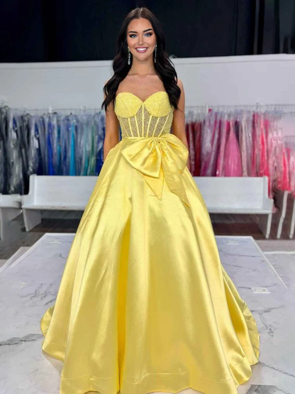 A-Line Sweetheart Lilac Beaded Long Prom Dresses With Bow