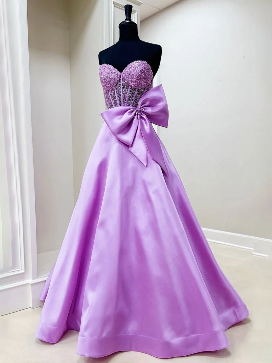 A-Line Sweetheart Lilac Beaded Long Prom Dresses With Bow