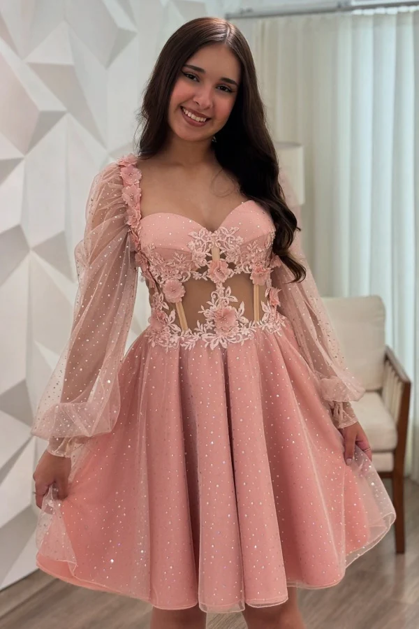 A-Line Sweetheart Neck Long Lantern Sleeves Appliques Homecoming Dress