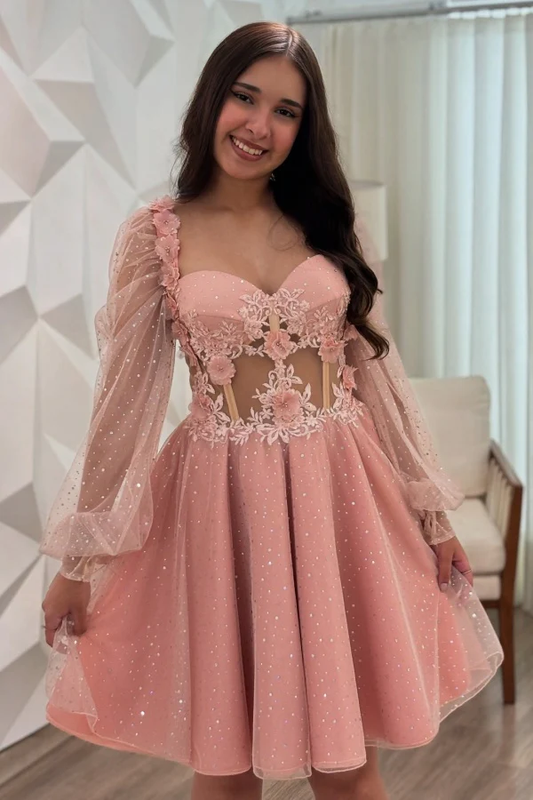 A-Line Sweetheart Neck Long Lantern Sleeves Appliques Homecoming Dress