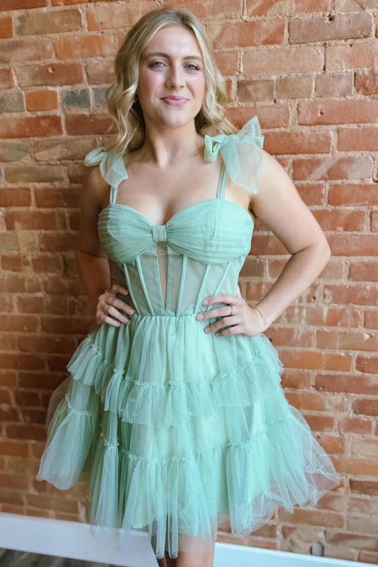 A-Line Sweetheart Tiered Tulle Short Homecoming Dresses with Bow Straps