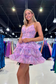 A-Line V Neck Floral Print Tiered Short Homecoming Dresses