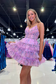 A-Line V Neck Floral Print Tiered Short Homecoming Dresses