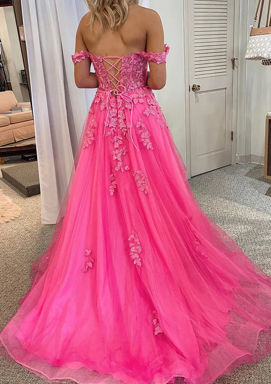 A-line Off Shoulder Sleeveless Court Train Lace Tulle Prom Dress, Beading Pockets Split