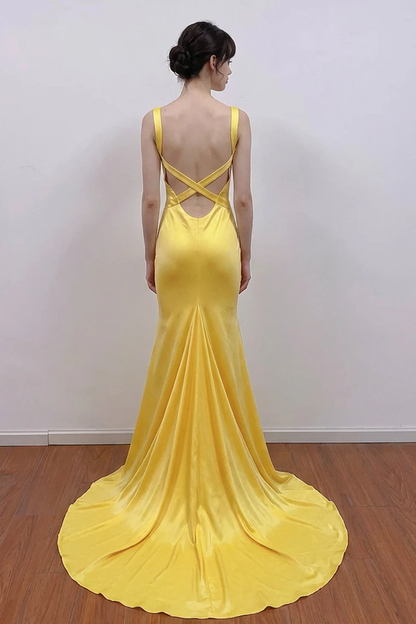 A-line V Neck Yellow Satin Long Prom Dress Formal Gown