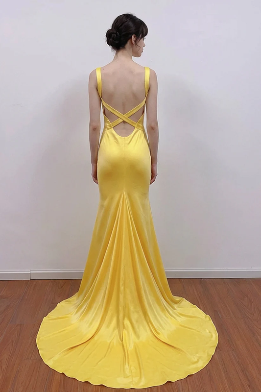 A-line V Neck Yellow Satin Long Prom Dress Formal Gown