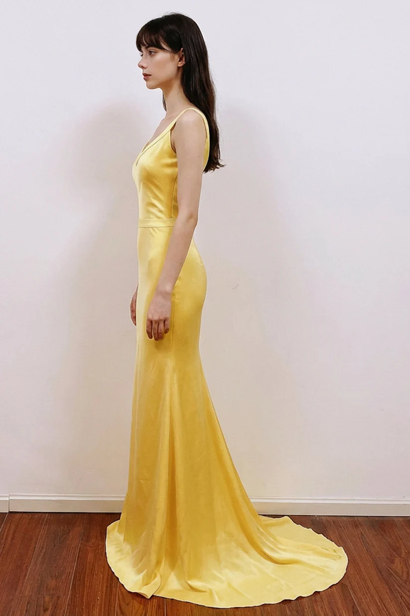 A-line V Neck Yellow Satin Long Prom Dress Formal Gown