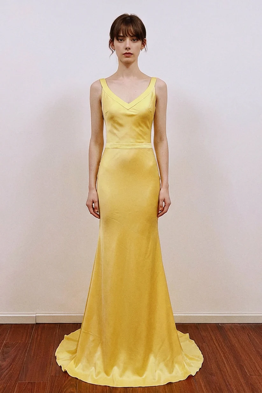 A-line V Neck Yellow Satin Long Prom Dress Formal Gown