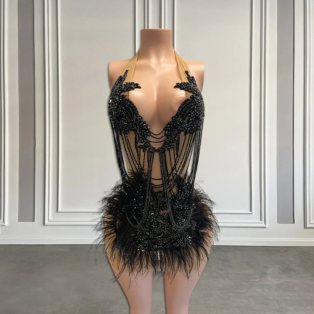 Luxury Beaded Tassels Short Formal Prom Party Dress 2025 Sexy Halter Black/Green Feathers African Women Birthday Gown Customized