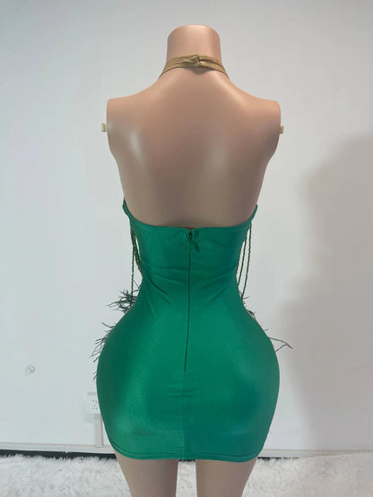 Luxury Beaded Tassels Short Formal Prom Party Dress 2025 Sexy Halter Black/Green Feathers African Women Birthday Gown Customized
