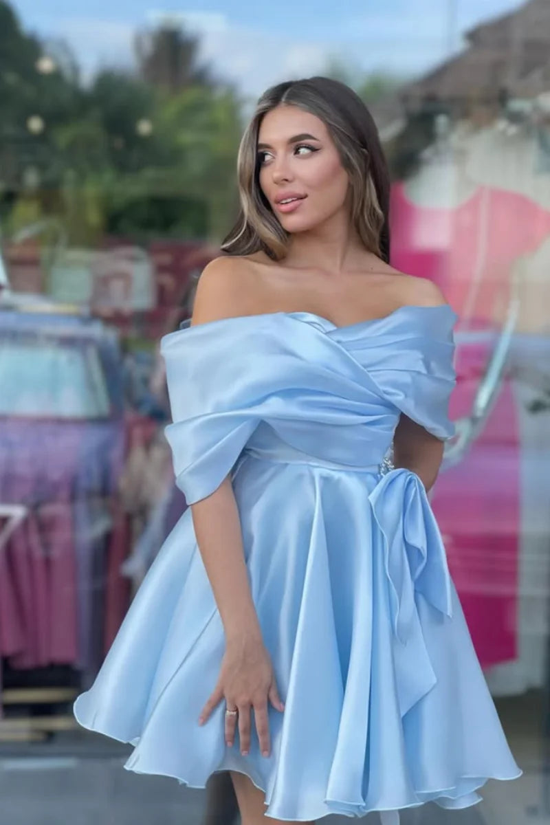 Sky Blue Evening Dresses Pleated Satin Prom Dresses Princess Strapless Coming Of Age Ceremony Mini Short Customized
