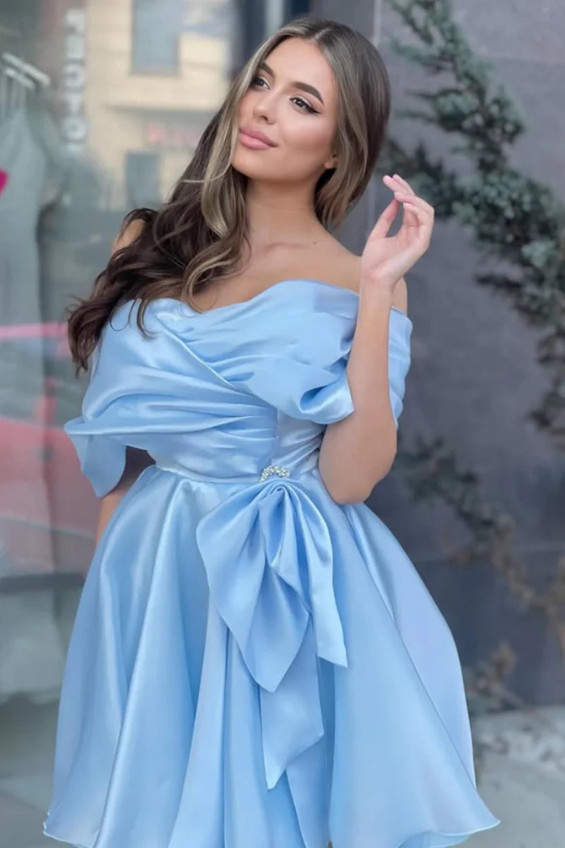 Sky Blue Evening Dresses Pleated Satin Prom Dresses Princess Strapless Coming Of Age Ceremony Mini Short Customized