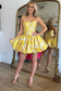 A Line Satin Floral Printed Corset Homecoming Dressses Yellow Party Dresses